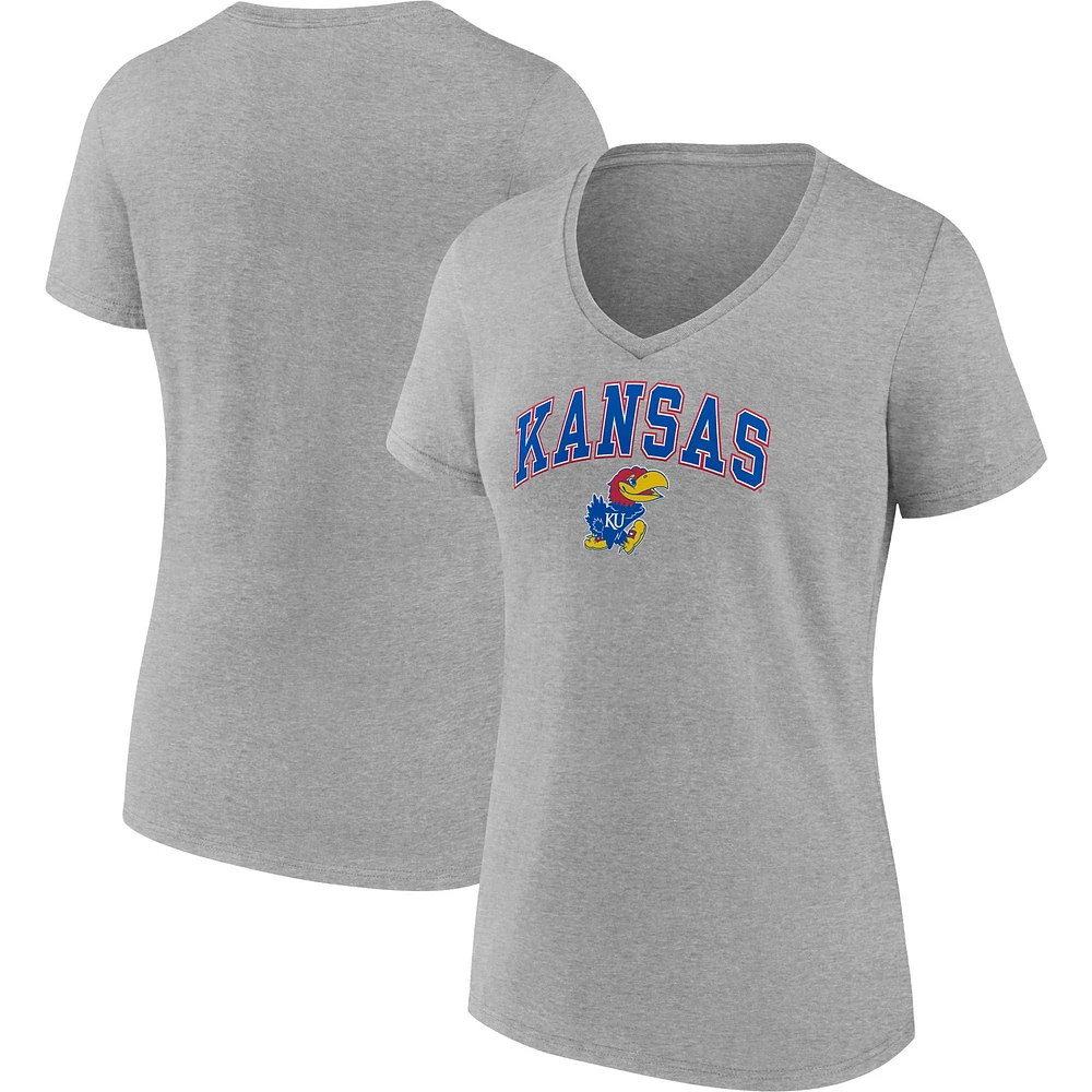 T-shirt à col en V pour femme Fanatics Heather Grey Kansas Jayhawks Campus