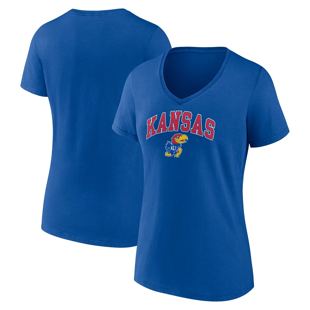 T-shirt à col en V pour femme Fanatics Royal Kansas Jayhawks Campus