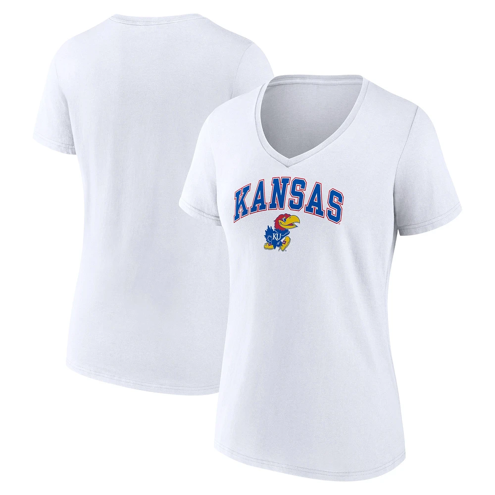 T-shirt à col en V blanc Kansas Jayhawks Fanatics pour femmes