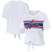 Women's WEAR by Erin Andrews White Kansas Jayhawks Striped Front Knot Cropped T-Shirt