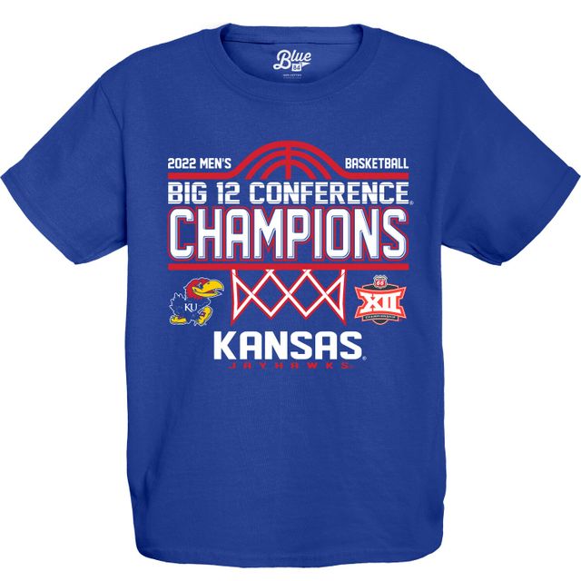 T-shirt bleu pour jeunes 84 Royal Kansas Jayhawks 2022 Big 12 hommes, tournoi de conférence basket-ball, champions du vestiaire