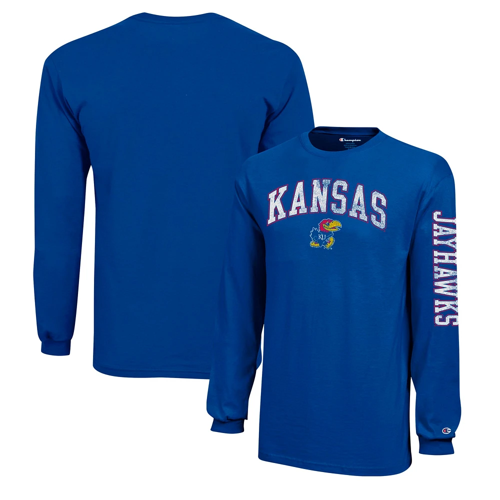 Youth Champion Royal Kansas Jayhawks Distressed Arch Over Logo Long Sleeve T-Shirt