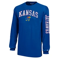 Youth Champion Royal Kansas Jayhawks Distressed Arch Over Logo Long Sleeve T-Shirt