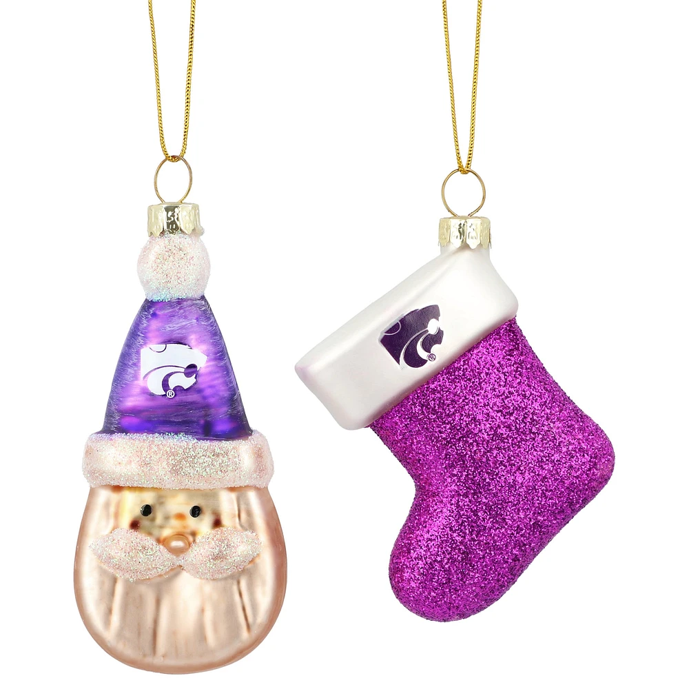 Ensemble de deux ornements en verre soufflé Père Noël et chaussettes des Wildcats de l'État du Kansas