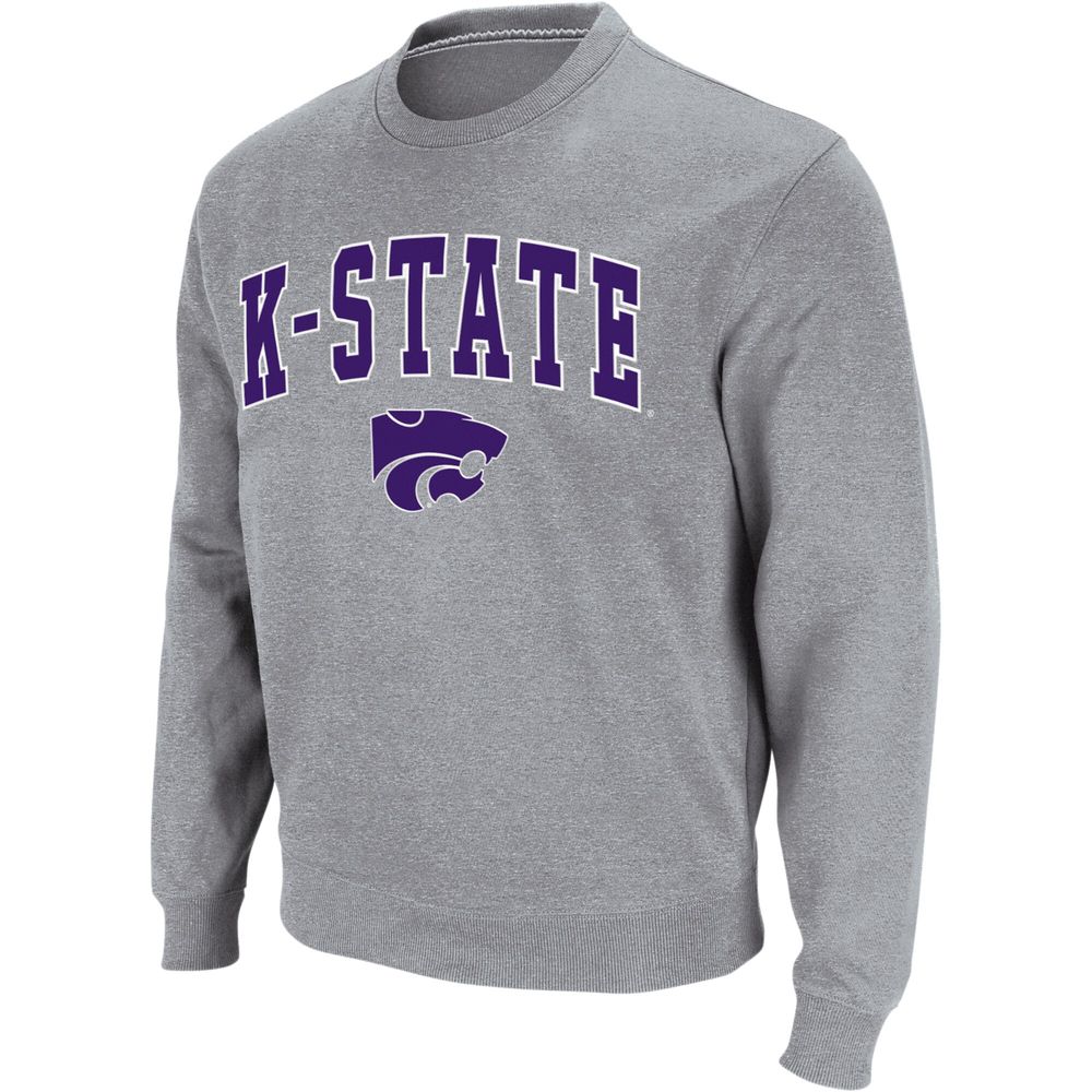 Men's Colosseum Heather Gray Kansas State Wildcats Arch & Logo Crew Neck Sweatshirt