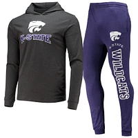 Ensemble pyjama à capuche et pantalon de jogging Concepts Sport pour hommes, violet/anthracite chiné, Kansas State Wildcats Meter