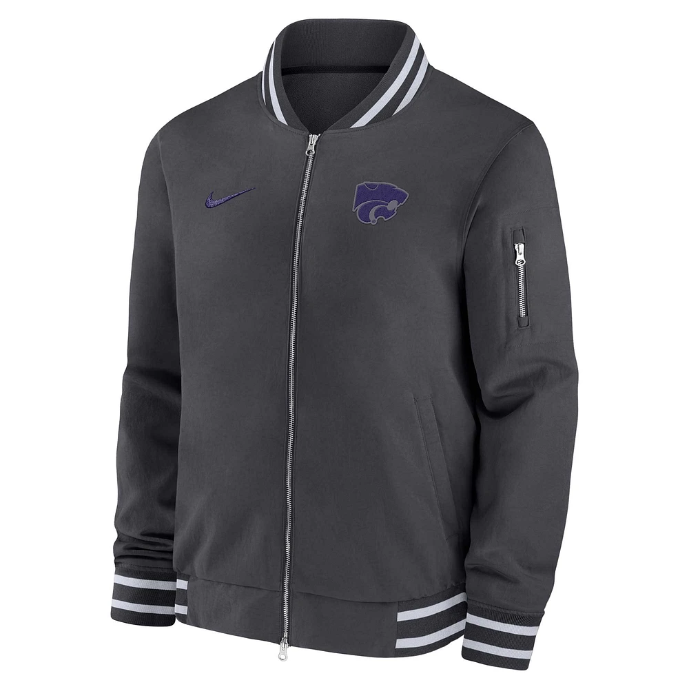 Veste aviateur entièrement zippée Nike Anthracite Kansas State Wildcats pour homme