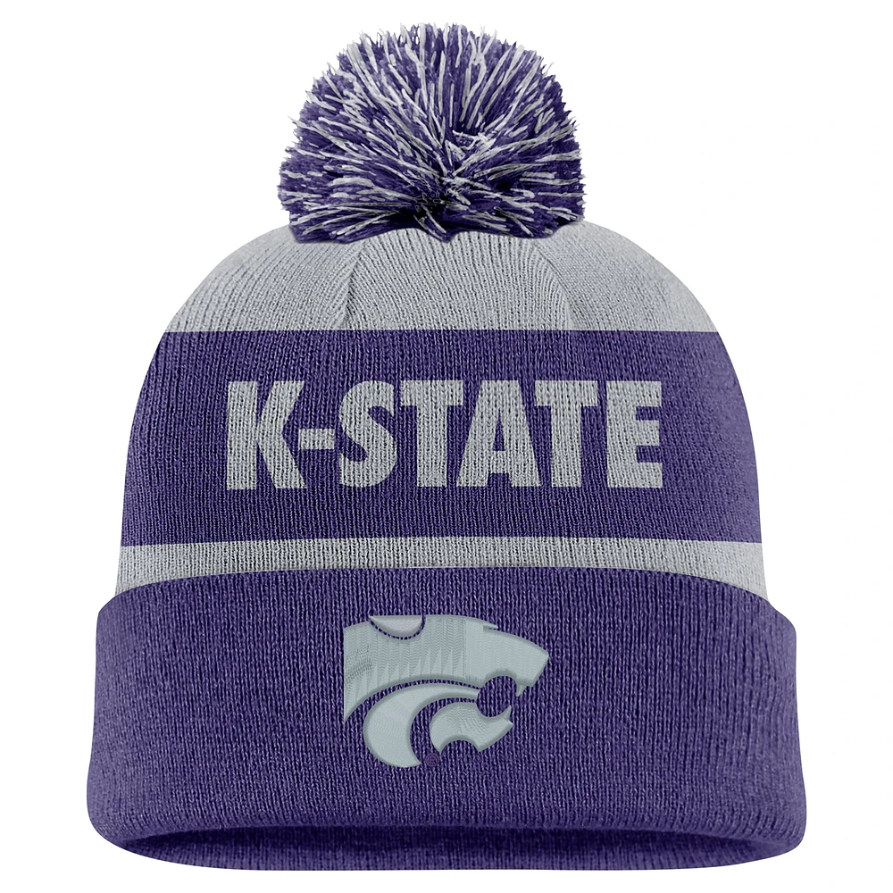 Bonnet en tricot à revers et pompon Nike gris/violet Kansas State Wildcats Peak Stripe pour homme