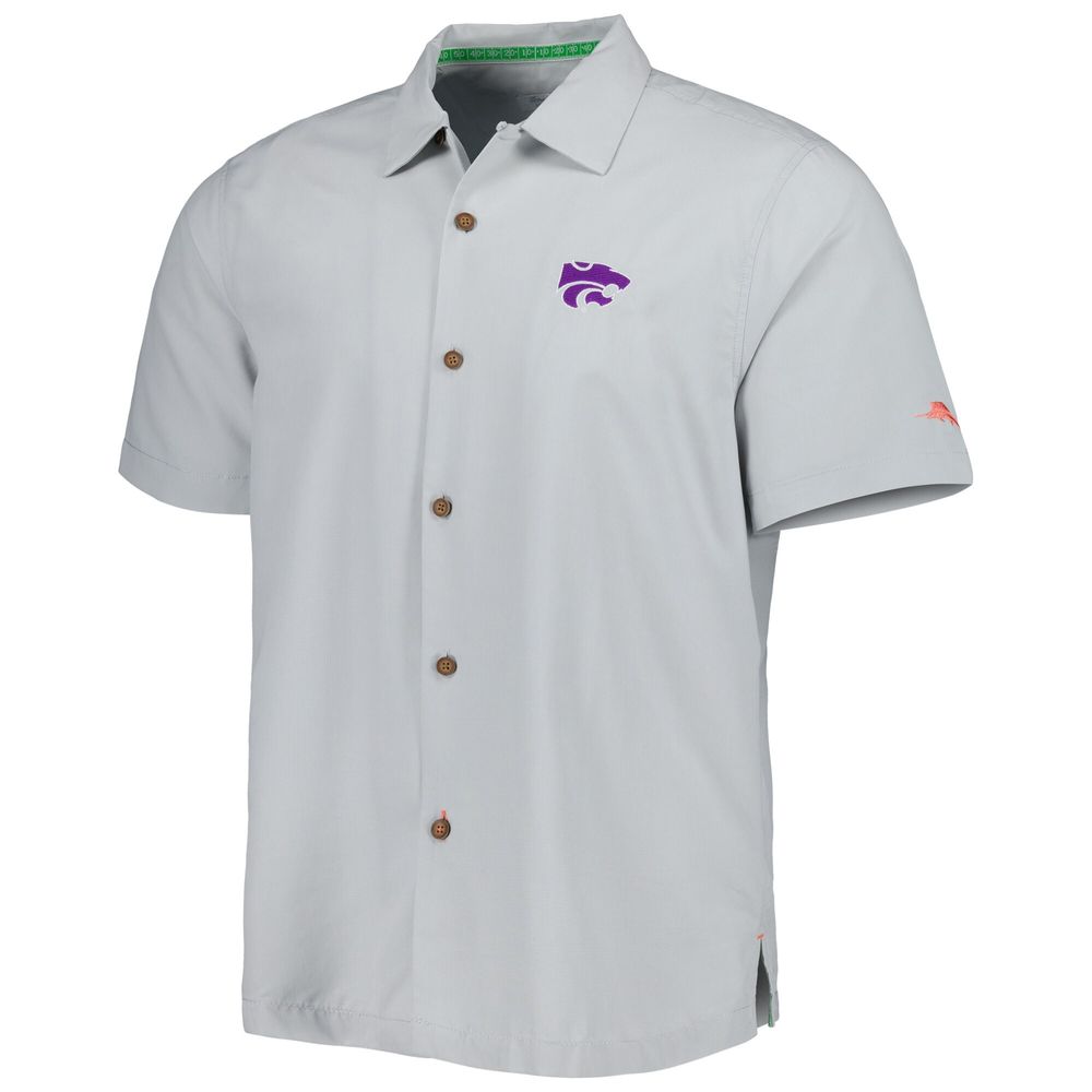 Men's Tommy Bahama Gray Kansas State Wildcats Coconut Point Frondly Fan Camp IslandZone Button-Up Shirt