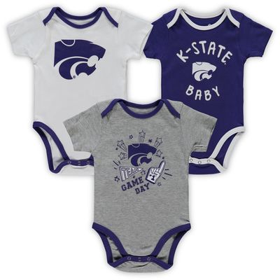 Newborn & Infant Purple/White/Heathered Gray Kansas State Wildcats 3-Pack Champ Bodysuit Set