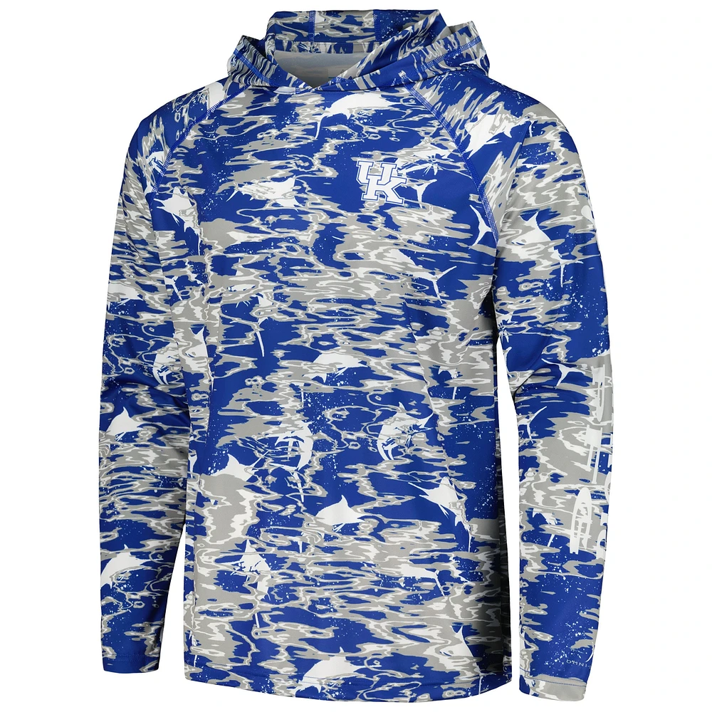 Men's Columbia Royal Kentucky Wildcats PFG Terminal Tackle Omni-Shade Rippled Long Sleeve Hooded T-Shirt