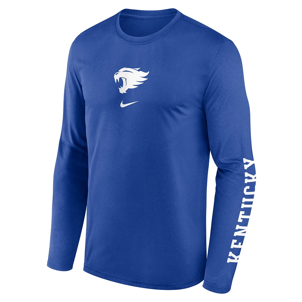 T-shirt Nike Royal Kentucky Wildcats Primetime Center Lockup pour homme, manches longues, légende de la performance
