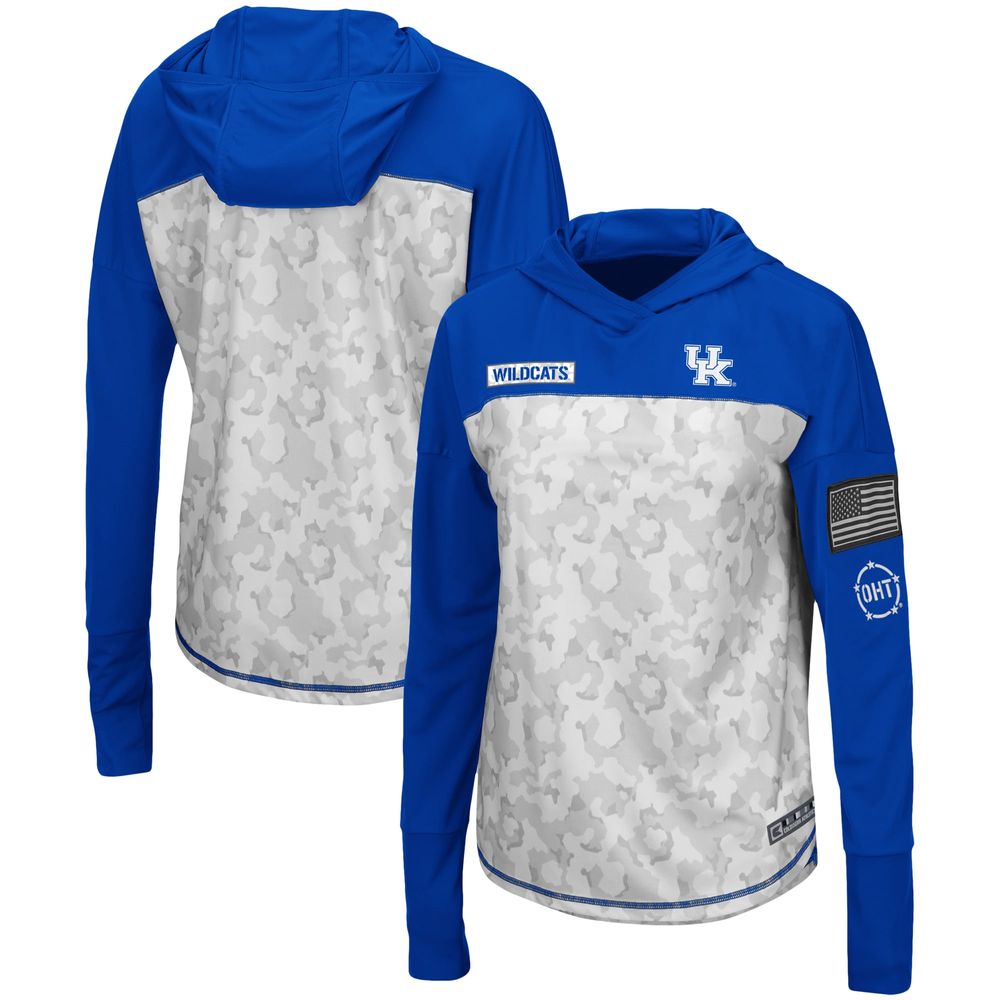 Women's Colosseum Gray/Royal Kentucky Wildcats OHT Military Appreciation Mission Arctic Camo Hoodie Long Sleeve T-Shirt