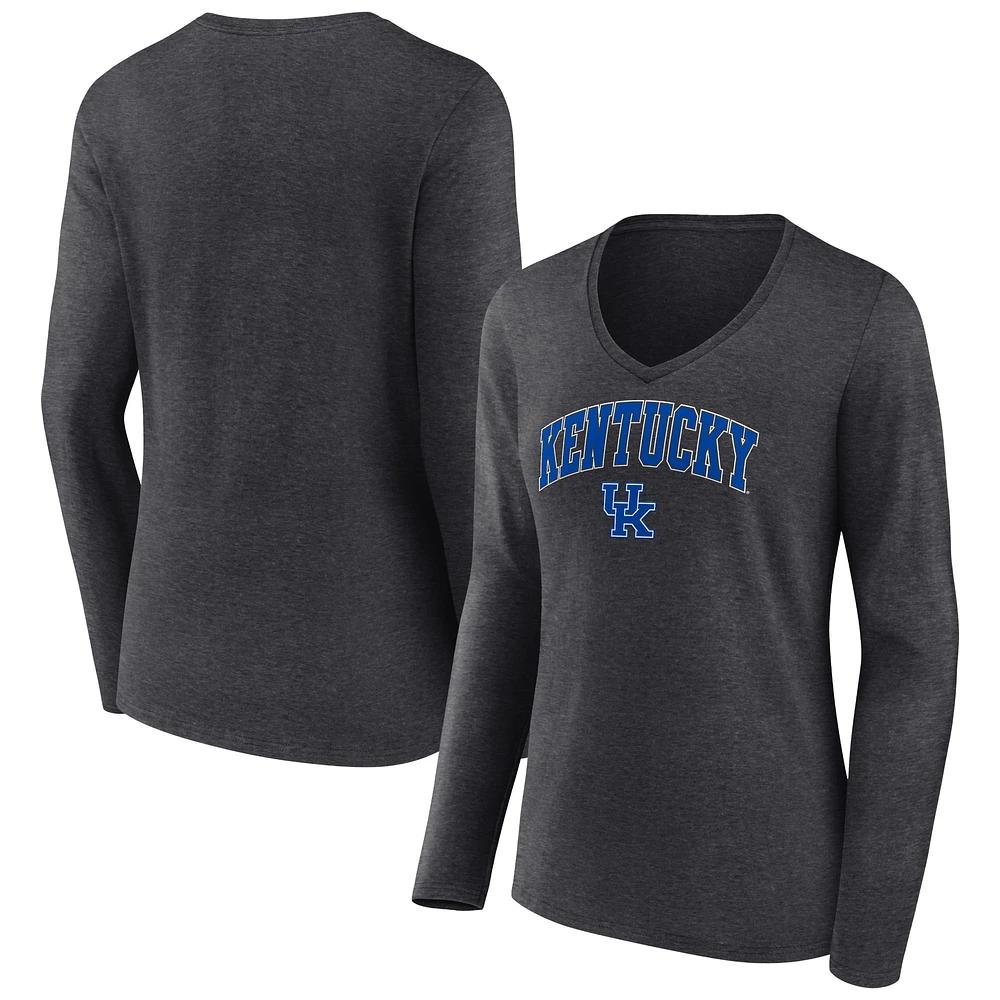 Women's Fanatics Heather Charcoal Kentucky Wildcats Campus Long Sleeve V-Neck T-Shirt