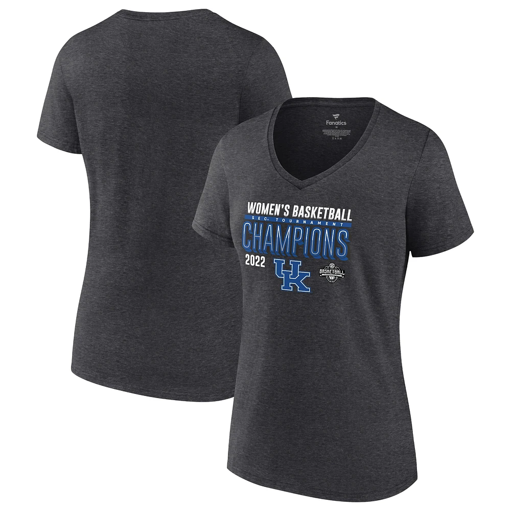 Fanatics Heathered Charcoal Kentucky Wildcats 2022 SEC Tournoi de conférence basket-ball féminin Champions Vestiaire T-shirt à col en V