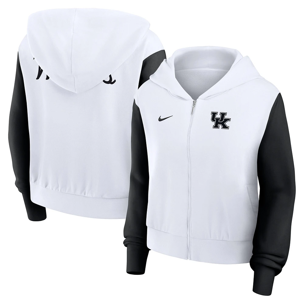 Sweat à capuche Nike blanc Kentucky Wildcats Cropped Beyond Capability pour femme, entièrement zippé, avec inscription et blocs de couleurs