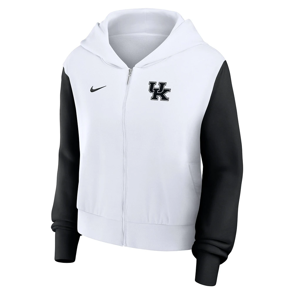 Sweat à capuche Nike blanc Kentucky Wildcats Cropped Beyond Capability pour femme, entièrement zippé, avec inscription et blocs de couleurs