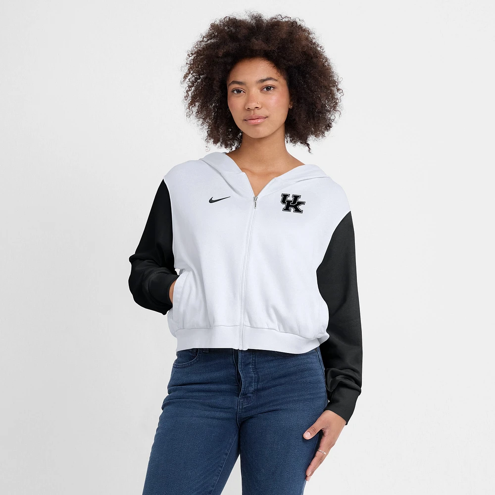 Sweat à capuche Nike blanc Kentucky Wildcats Cropped Beyond Capability pour femme, entièrement zippé, avec inscription et blocs de couleurs
