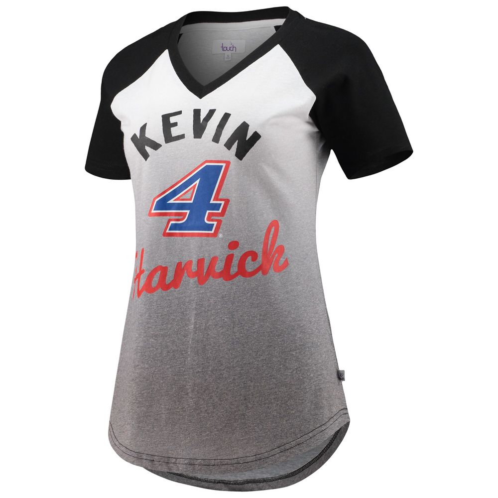 Women's Touch White/Black Kevin Harvick Shortstop Ombre Raglan V-Neck T-Shirt