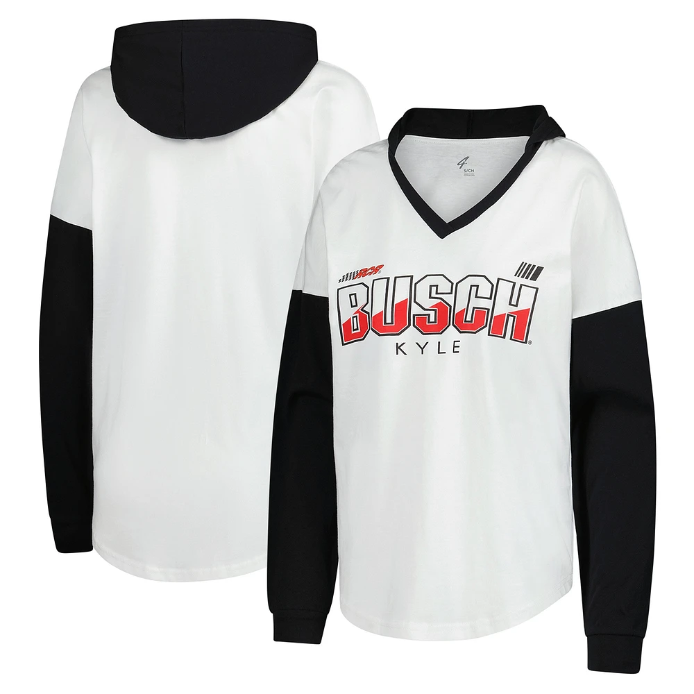 Women's G-III 4Her by Carl Banks White/Black Kyle Busch Bench Player Oversized Long Sleeve Hoodie V-Neck T-Shirt