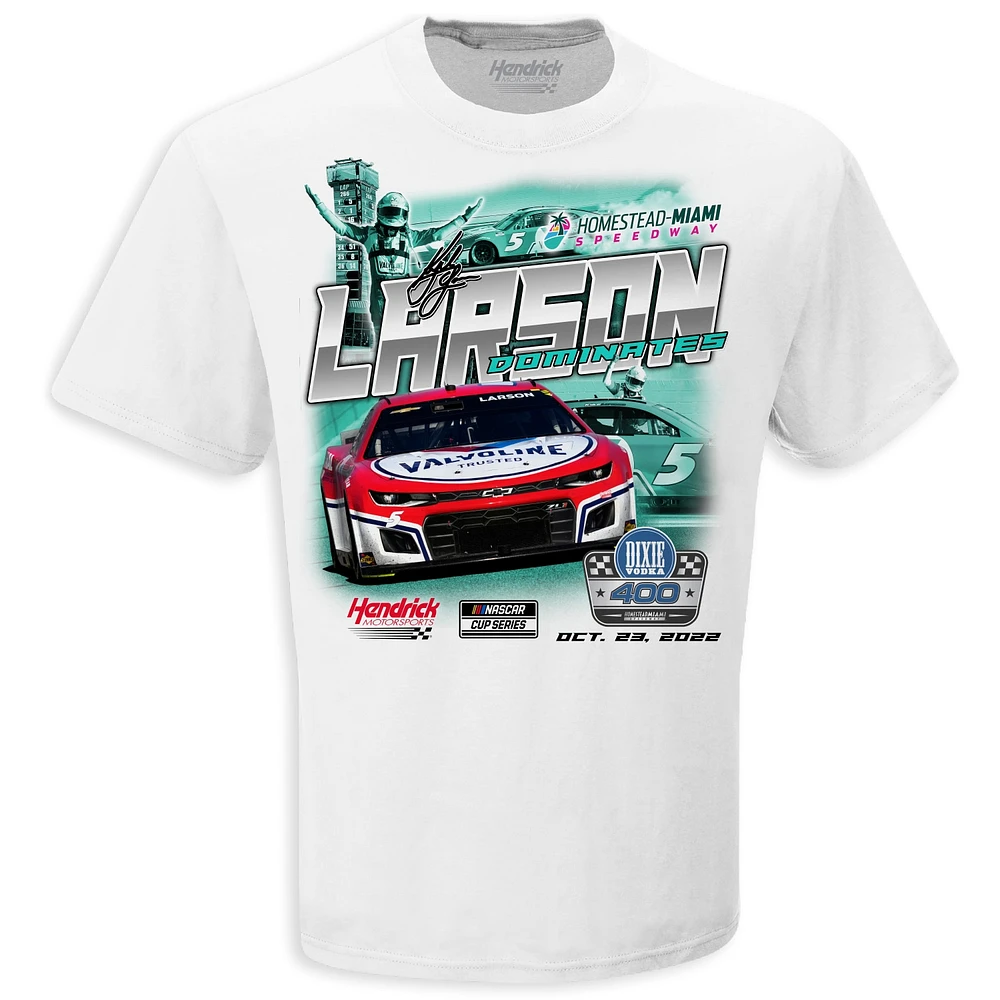 Men's Checkered Flag White Kyle Larson 2022 Dixie Vodka 400 Race Winner T-Shirt