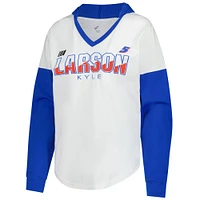 Women's G-III 4Her by Carl Banks  White/Royal Kyle Larson Bench Player Oversized Long Sleeve Hoodie V-Neck T-Shirt