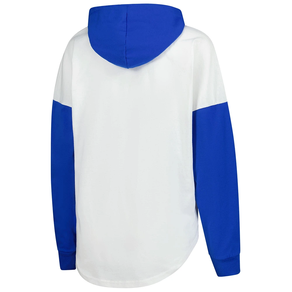 Women's G-III 4Her by Carl Banks  White/Royal Kyle Larson Bench Player Oversized Long Sleeve Hoodie V-Neck T-Shirt