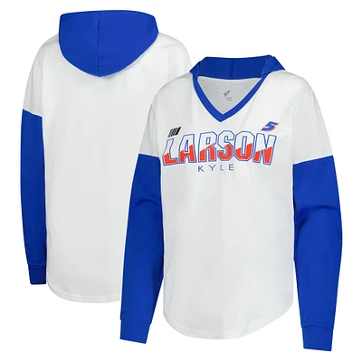 Women's G-III 4Her by Carl Banks  White/Royal Kyle Larson Bench Player Oversized Long Sleeve Hoodie V-Neck T-Shirt