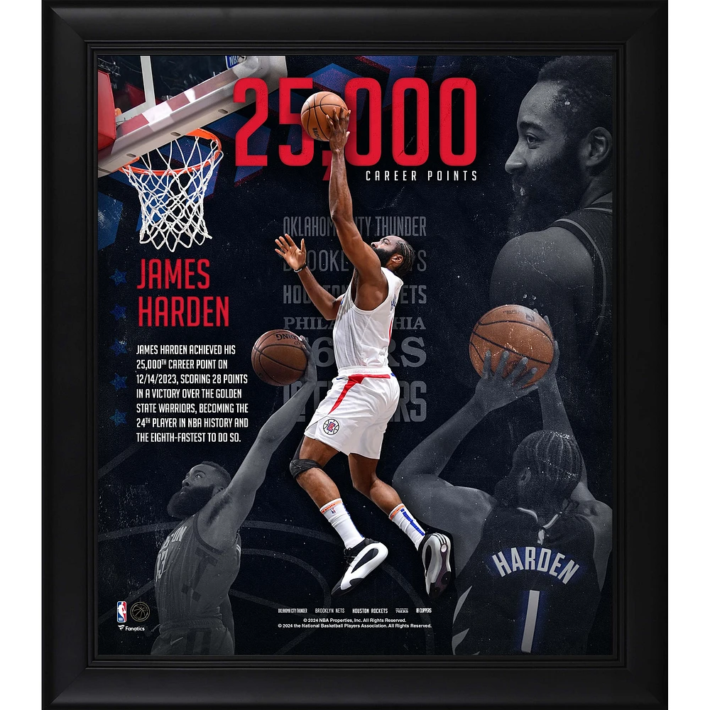 Collage encadré de 15" x 17" de James Harden, LA Clippers, marquant le 25 000e anniversaire de sa carrière