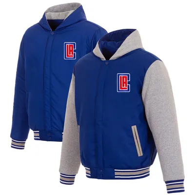LA Clippers JH Design Reversible Poly-Twill Hooded Jacket with Fleece Sleeves - Royal/Gray
