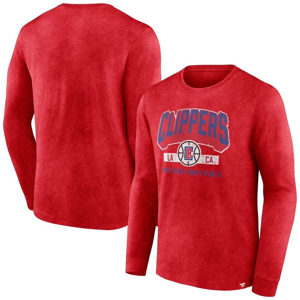 T-shirt à manches longues Fanatics Heather Red LA Clippers Front Court Press Snow Wash pour hommes