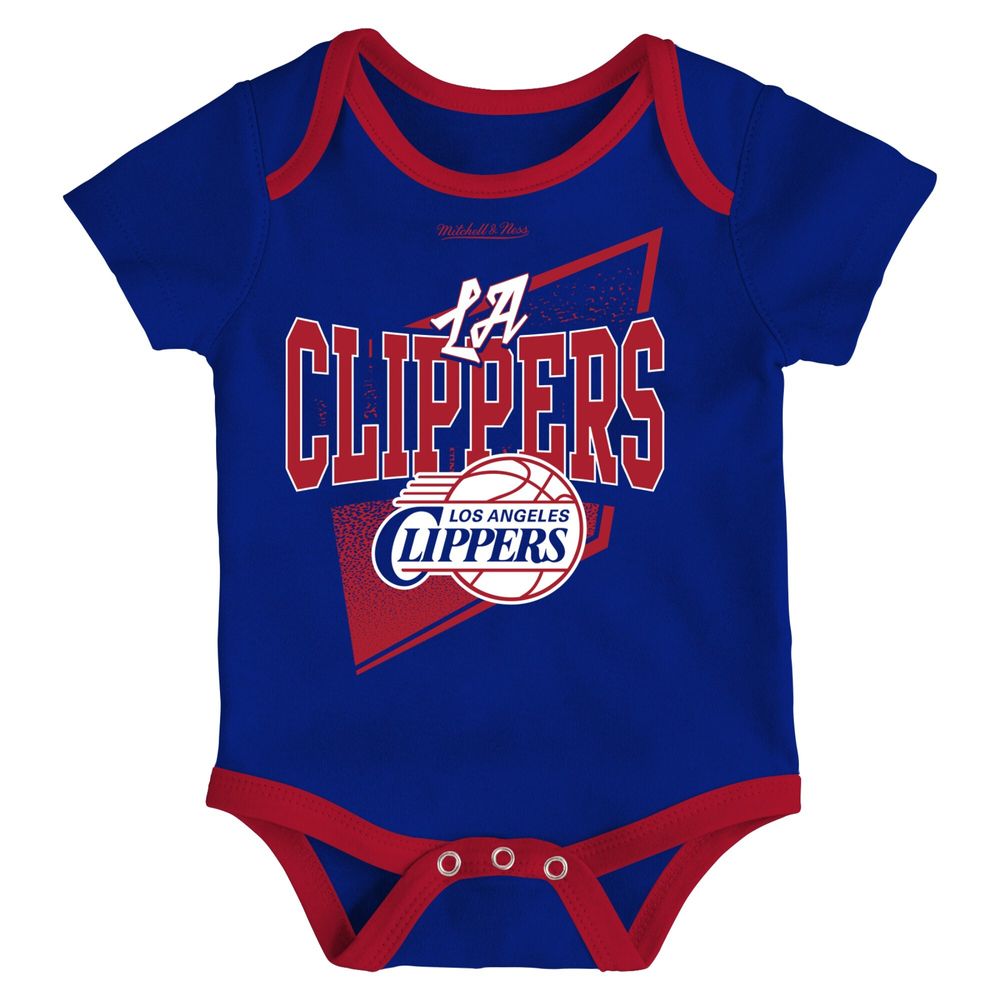 Newborn & Infant Mitchell Ness Royal/Red LA Clippers 3-Piece Hardwood Classics Bodysuits Cuffed Knit Hat Set