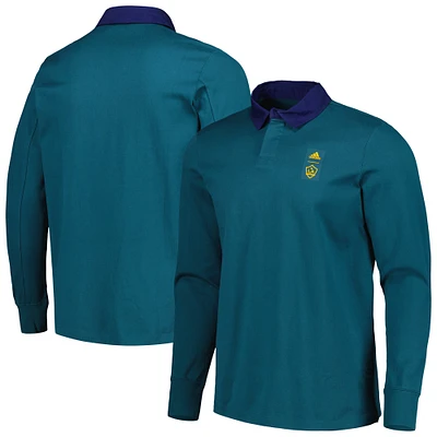 Men's adidas 2023 Player Green LA Galaxy Travel Long Sleeve Polo