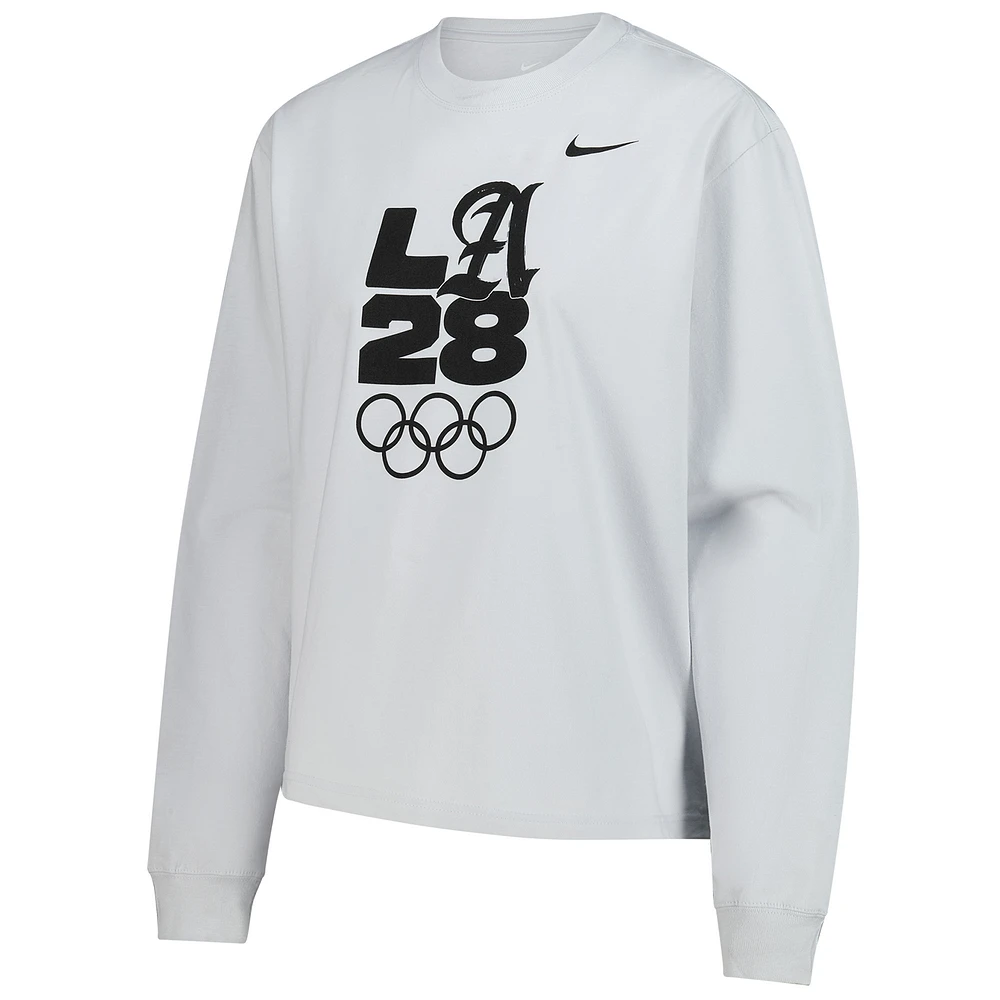 T-shirt Nike gris à manches longues LA28 pour femme, coupe carrée, motif Jeux olympiques d'été