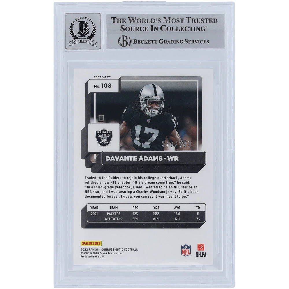 Davante Adams Las Vegas Raiders Autographed 2022 Panini Donruss Optic Aqua #103 #/299 Beckett Fanatics Witnessed Authenticated 10 Card