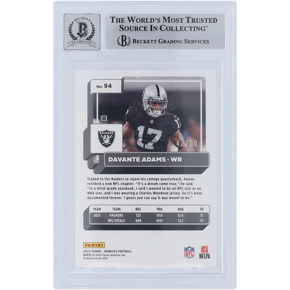 Davante Adams Las Vegas Raiders Autographed 2022 Panini Donruss Press Proof Gold #94 #/50 Beckett Fanatics Witnessed Authenticated 10 Card