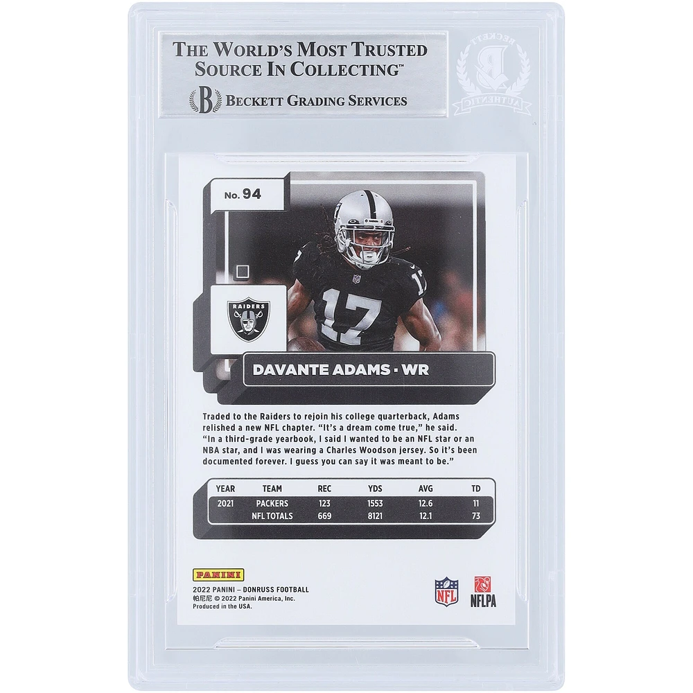 Davante Adams Las Vegas Raiders Carte authentifiée autographiée Panini Donruss 2022 Premium #94 Beckett Fanatics