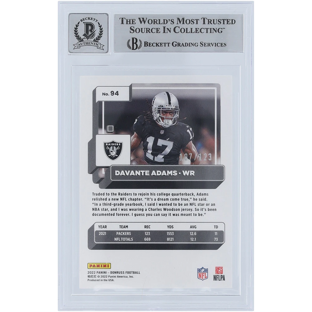 Davante Adams Las Vegas Raiders Autographed 2022 Panini Donruss Purple Season Stat Line #94 #/123 Beckett Fanatics Witnessed Authenticated 9/10 Card