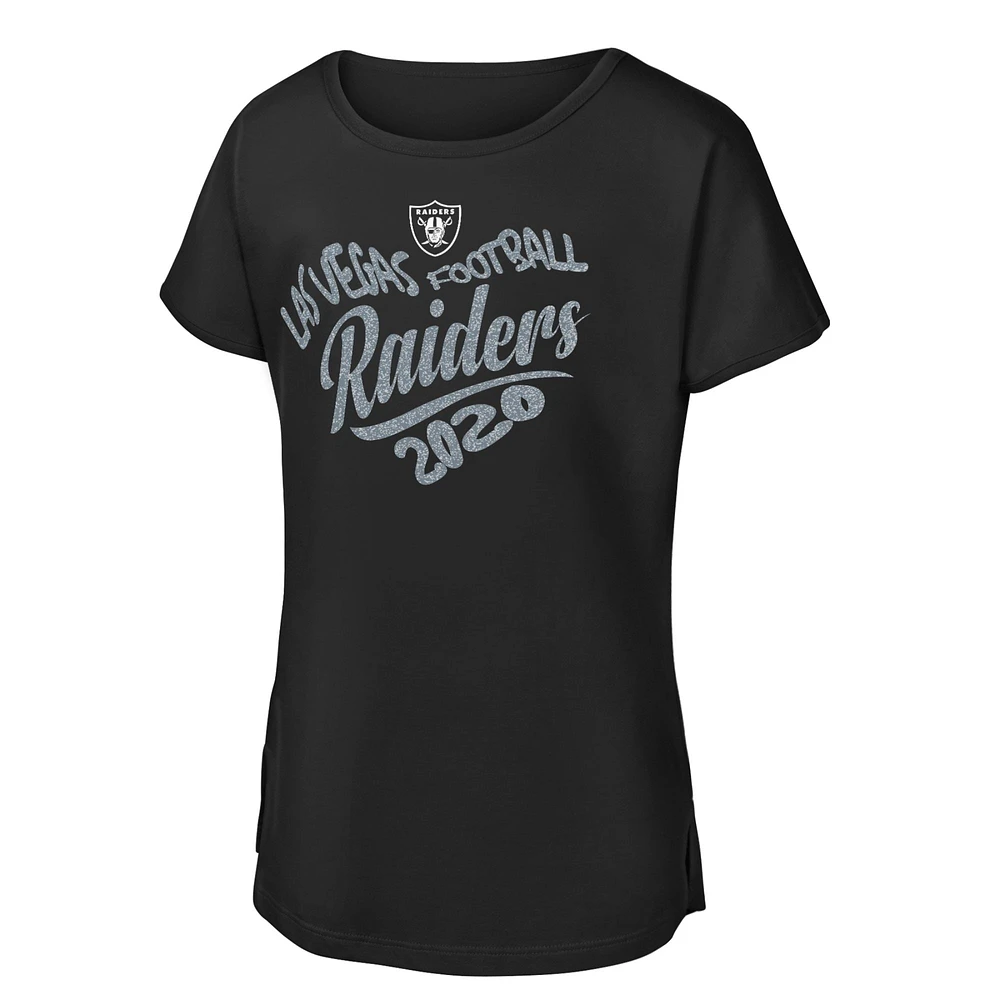 T-shirt noir pour jeunes filles avec inscription « Las Vegas Raiders » et motif cœur Dolman