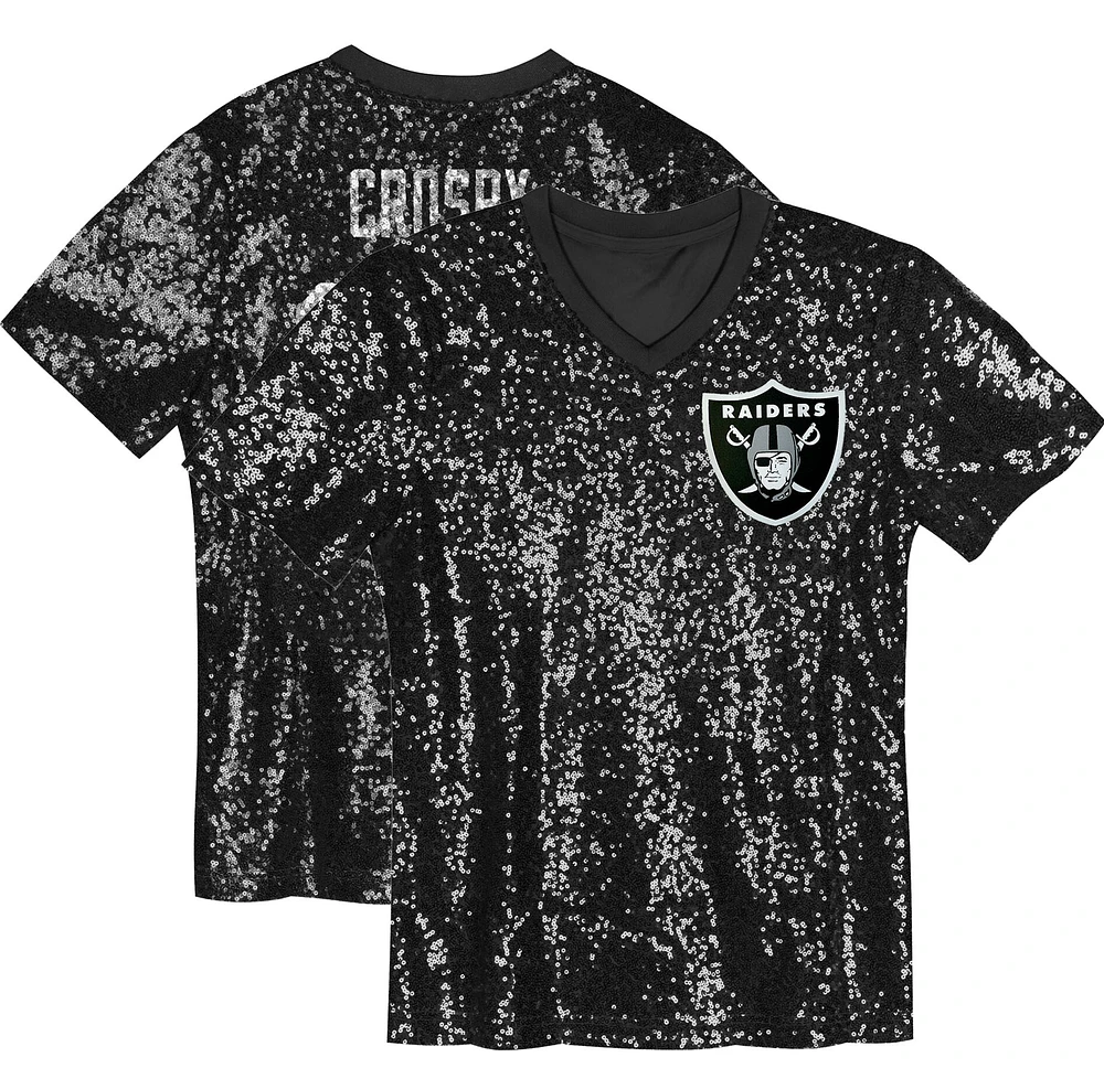 Maillot à paillettes col en V pour filles Maxx Crosby Black Las Vegas Raiders