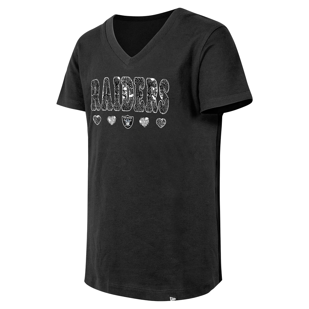 Girls Youth New Era Black Las Vegas Raiders Flip Sequin V-Neck T-Shirt