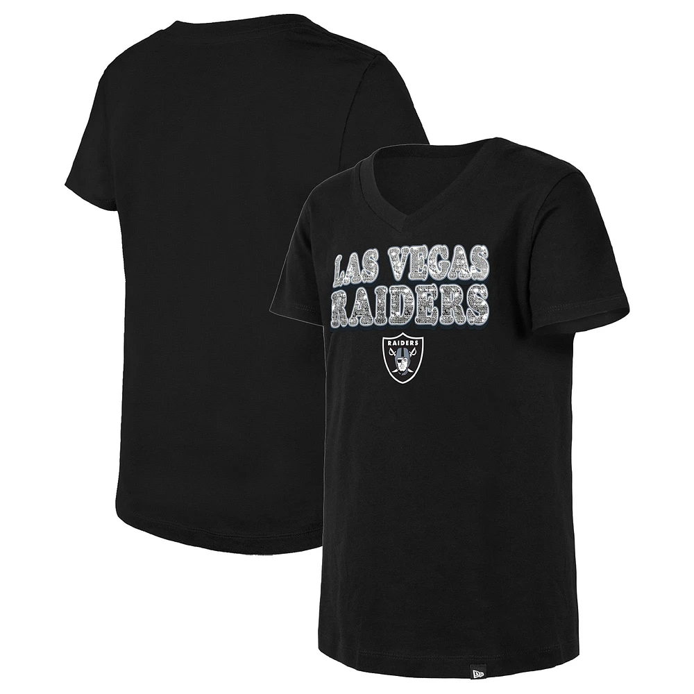 T-shirt à col en V sequins inversés noir Las Vegas Raiders New Era pour jeune fille