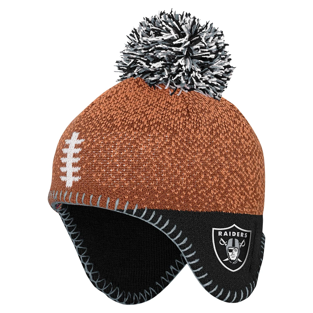 Bonnet tricoté marron pour bébé avec pompon et motif tête de football des Raiders de Las Vegas