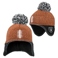 Bonnet tricoté marron pour bébé avec pompon et motif tête de football des Raiders de Las Vegas