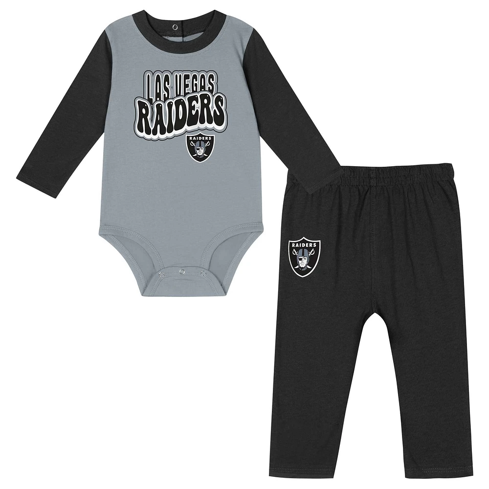 Infant Silver/Black Las Vegas Raiders Double Up Long Sleeve Bodysuit Pant Set