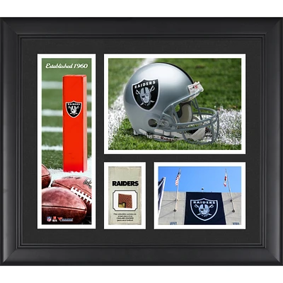 Collage encadré du logo de l'équipe des Raiders de Las Vegas 15'' x 17'' avec un morceau de ballon de football utilisé lors du match