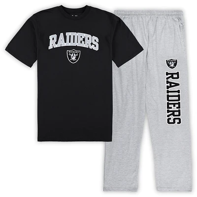 Ensemble de nuit pour homme Concepts Sport Noir/gris chiné Las Vegas Raiders Big & Tall T-shirt et pantalon pyjama