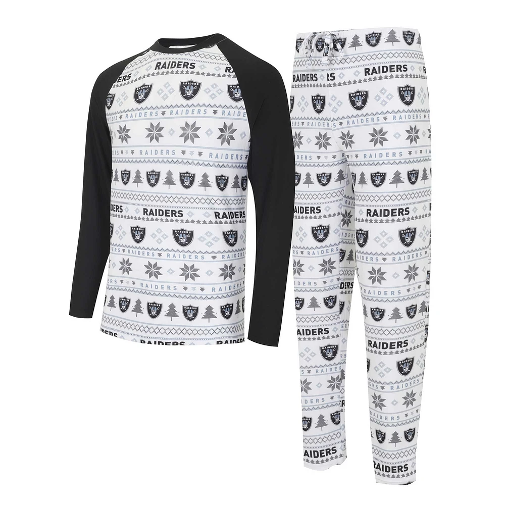 Ensemble de nuit Concepts Sport pour hommes, t-shirt et pantalon à manches longues Las Vegas Raiders Tinsel Raglan, blanc/noir