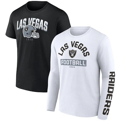 Lot de deux t-shirts à manches longues et courtes Fanatics pour hommes, noir/blanc, Las Vegas Raiders