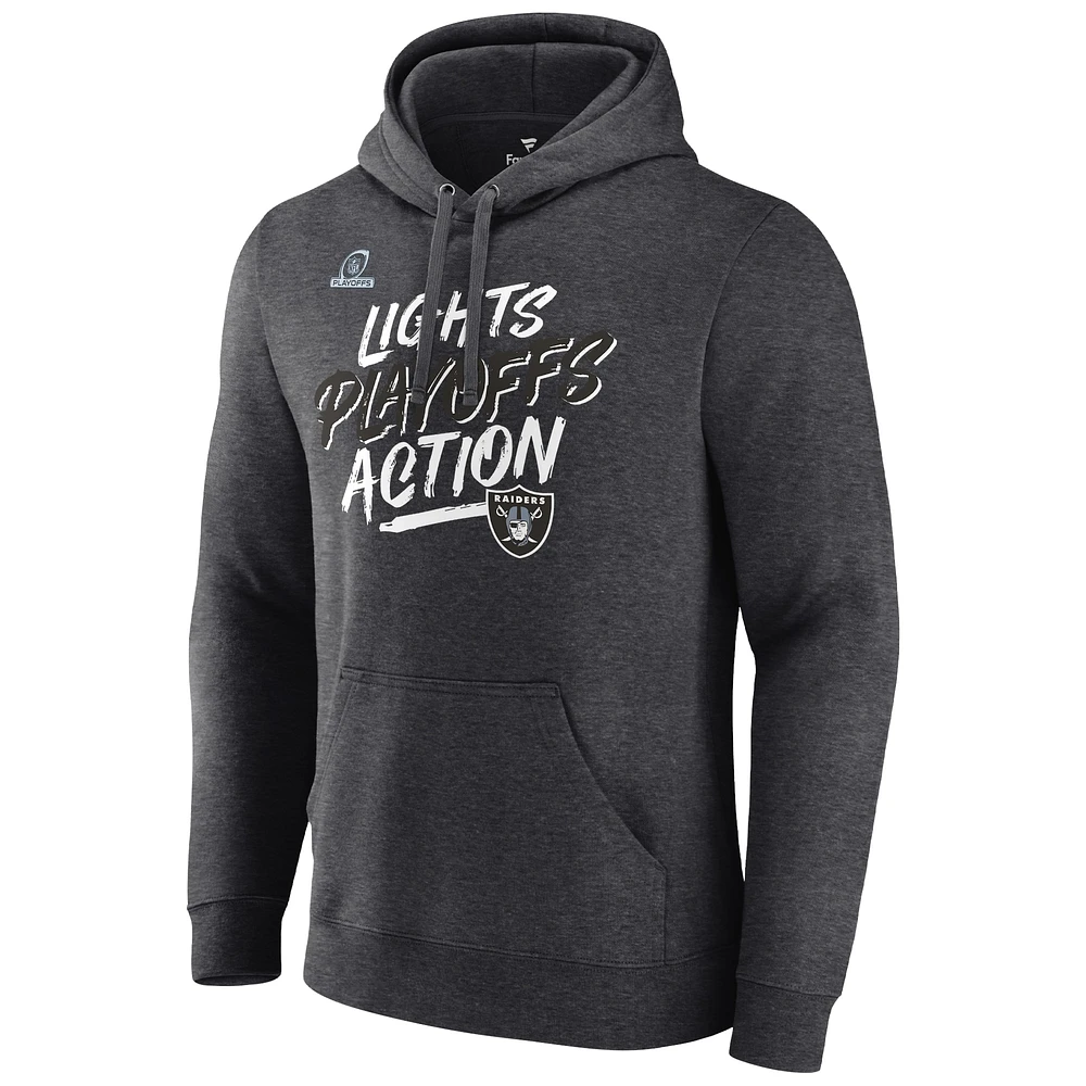 Men's Fanatics Heather Charcoal Las Vegas Raiders 2021 NFL Playoffs Bound Lights Action Fitted Pullover Hoodie